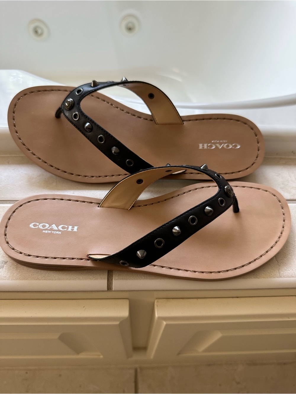 COACH Black Leather Studded Flip Flop Sandals